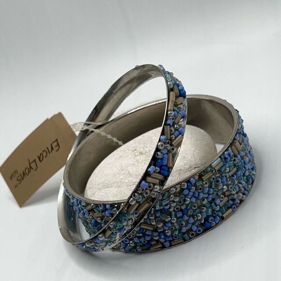 Silver Blue Beaded Bangle Set Erica Lyons - Picture 1 of 6